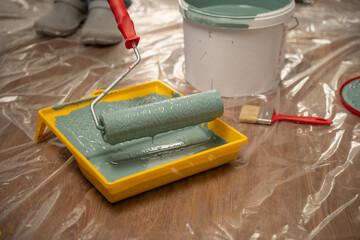 Paint roller is being dipped into a tray of pastel green paint, ready to be used for a home...