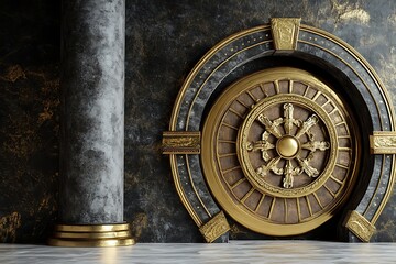 Obraz premium Ancient Mystical Wheel Symbol on a Monumental Arched Doorway with a Column