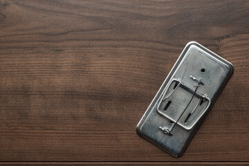 Top view photo of empty mousetrap on the wooden table background with copy space.
