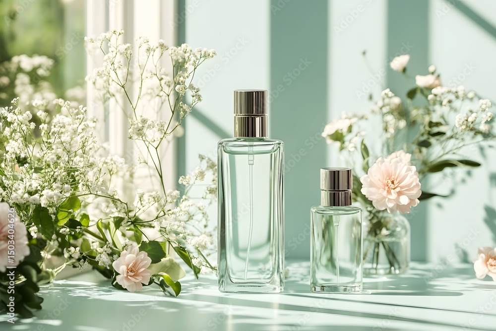 Poster elegant display of skincare products in a bright setting generative ai