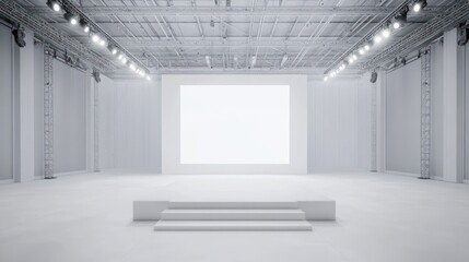 Fototapeta premium Empty white presentation hall with large blank screen