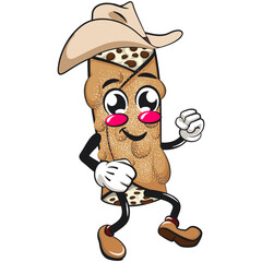 cute cannoli vektor illustration mascot character wearing a cowboy hat walking, work of hand drawn