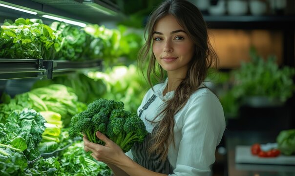 Woman holding fresh broccoli in a grocery store