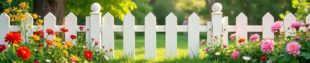 Charming white picket fence surrounds vibrant flower garden , lovely, greenery