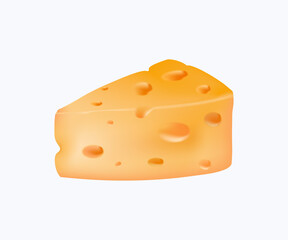 Swiss cheese illustration of a yellow cheese slice with round holes. Realistic 3d triangular piece of cheese vector