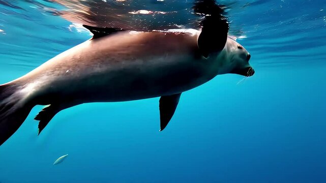 A seal diving after a school of fish, its streamlined form slicing through blue waters with unmatched hunting grace.
