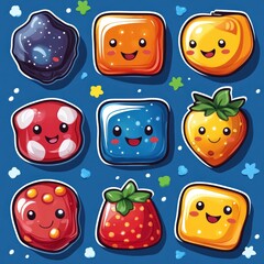 Cute cartoon gummy candies in a grid pattern