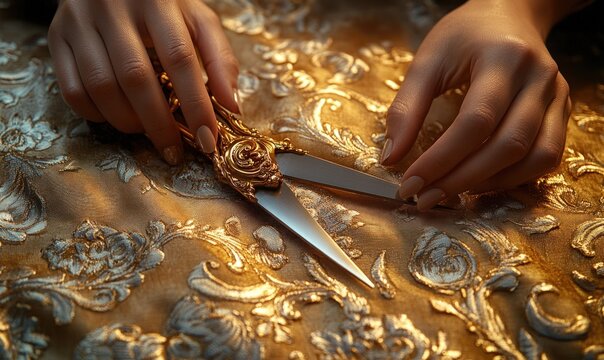 Expert hands carefully cut luxurious fabric - Powered by Adobe