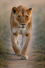 Obraz premium Lioness approaching with intensity, close-up safari shot.