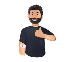 Blood donor man with bandage and red heart on arm isolated on background, blood donation concept with copy space