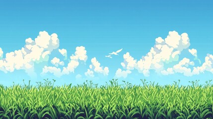 Lush green field under a vibrant blue sky with fluffy white clouds
