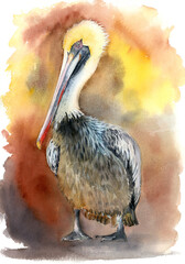 (This illustration was drawn by hand without the use of generative AI!) Watercolor illustration of a large pelican with white and black feathers and a large beak, on a grey-red background 