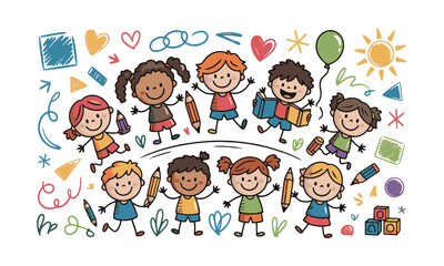 A colorful hand-drawn doodle-style vector illustration featuring children, easily editable and scalable,