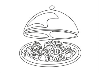 Continuous one line drawing of food tray with Meat with vegetables dish. Vegetable salad. . Food in a restaurant. One Line Art isolated white background. Editable stroke.	