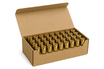 Open cardboard box brimming with 9mm bullets, isolated against a transparent background, prepared for immediate use in various applications