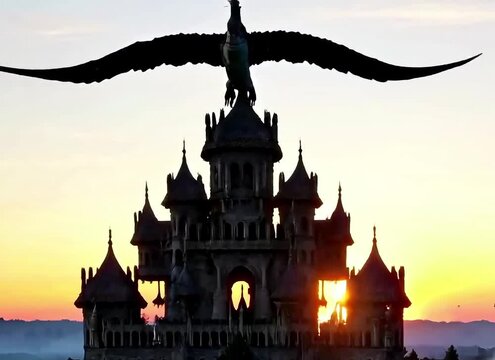 A dragon is flying over a castle in the night vector illustration
