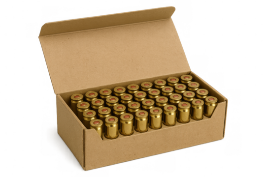 Open cardboard box brimming with 9mm bullets, isolated against a transparent background, prepared for immediate use in various applications