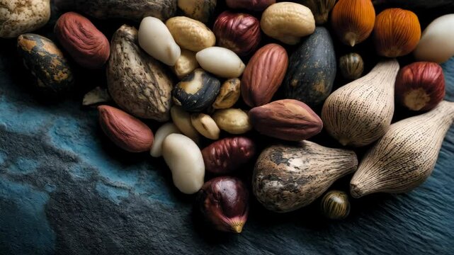 Assortment of various raw, unroasted nuts displayed on textured blue surface, ideal for healthy eating or snacking themes.
