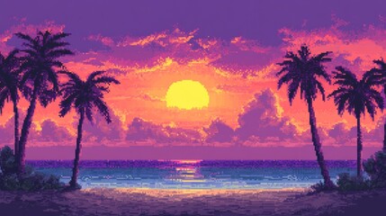 Pixel art sunset beach scene