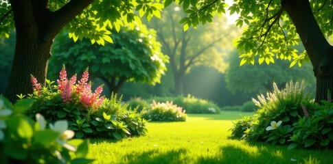 Fototapeta premium Tranquil garden scene with lush greenery and soft sunlight , foliage, quiet