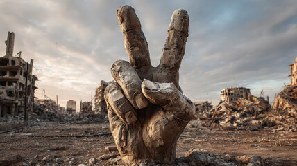 Fototapeta premium Peace sign sculpture standing in war-torn city ruins symbolizing hope, survival, and strength after destruction