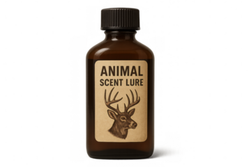 Glass hunting scent bottle featuring stag head logo, transparent background, designed for wildlife attraction and game tracking