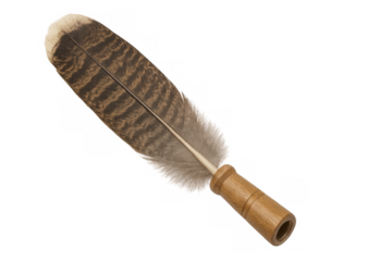 Delicate wooden-handled feather displaying intricate texture, positioned against transparent backdrop, capturing refined craftsmanship and organic beauty