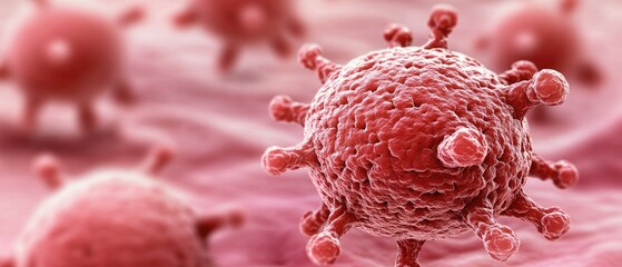 Close-Up Visualization of Viruses Under a Microscope, Detailed and Rendered in Red