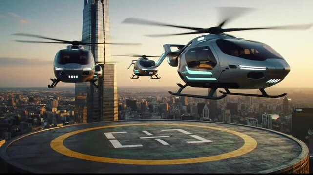 Futuristic Air Taxis Cityscape Helicopter Landing Pad