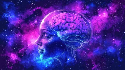 Digital Artwork of a Human Brain in a Vibrant Cosmic Background