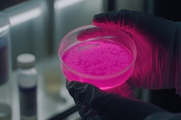 Scientist Examining Pink Bacterial Culture in Laboratory Petri Dish