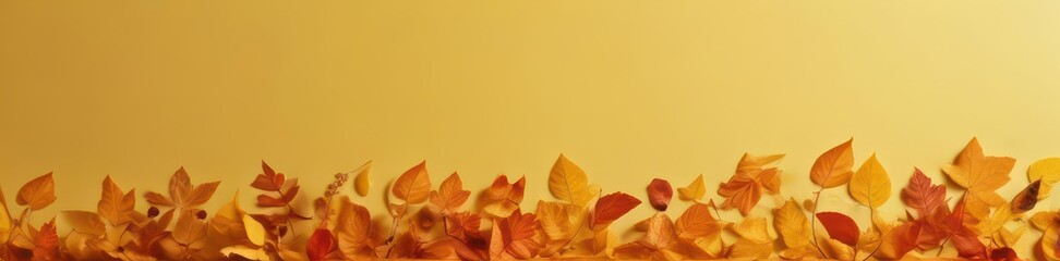 Fototapeta premium Autumn leaves, vibrant yellow and orange hues on yellow backdrop, natural, warm