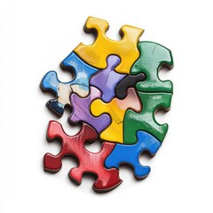 Obraz premium Colorful puzzle pieces clustered together, partially assembled, against a white background