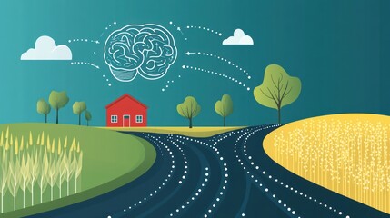 Rural road forks, brain in sky, future