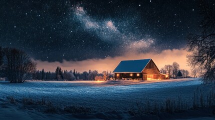 Snowy winter night scene with a lit barn under a starry sky