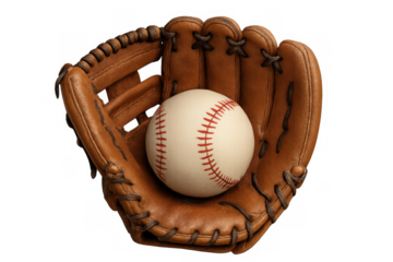 Vintage leather baseball glove gripping white baseball, red-stitched seams, positioned against clean transparent surface