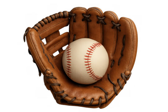 Vintage leather baseball glove gripping white baseball, red-stitched seams, positioned against clean transparent surface