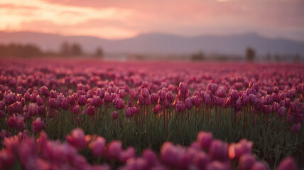 Endless blooming tulip field glowing in warm sunset light beneath soft pastel spring evening sky