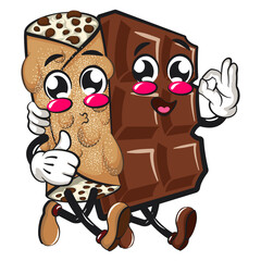 cute cannoli vektor illustration mascot character walk with a chocolate bar character while giving thumbs up, work of hand drawn
