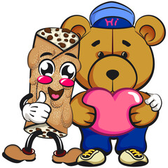 cute cannoli vektor illustration mascot character thumbs up with a bear doll holding a pink heart, work of hand drawn