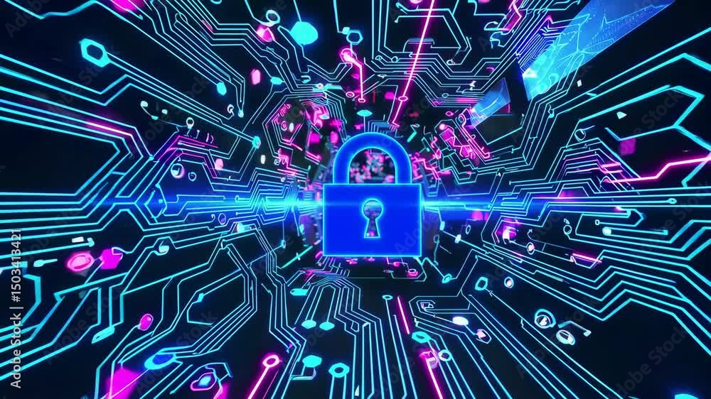 Poster futuristic cybersecurity concept with digital lock and circuit board animation
