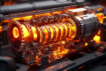 Intricate close-up of a powerful, glowing engine, showcasing advanced engineering and intense heat, with a sci-fi aesthetic