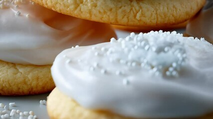 Delicious homemade sugar cookies topped with creamy white frosting and delicate white sprinkles stacked creatively on a plate. - Powered by Adobe