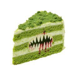 Green Layered Cake with Monster Teeth and Blood Drizzle Effect Isolated on a Transparent Background