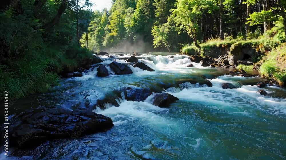 Poster serene forest stream cascading over rocks with sunlight filtering through trees tranquil nature jour