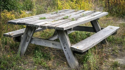 Rustic wooden picnic table in overgrown area