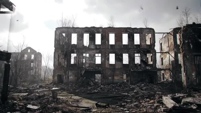 Ghost of a bygone era: stark silhouettes of destroyed buildings etched against the sky, offering a poignant reflection on ruin and the lasting marks of conflict. 