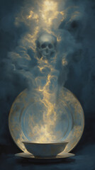 Filling an Empty Plate with Golden Light and Ghostly Figures