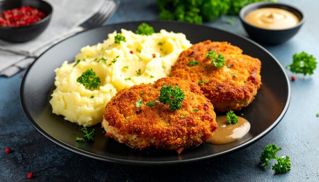 Pozharsky Cutlet with Mashed Potatoes and Greens. Traditional Russian Food