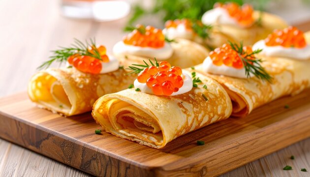 Blini with Red Caviar and Sour Cream, Russian Crepes. Traditional Russian Food